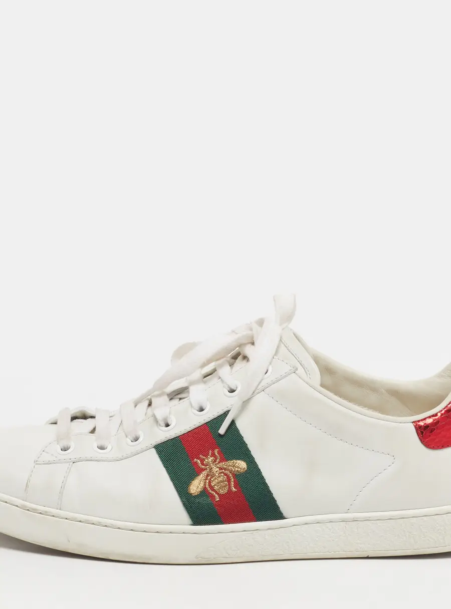 Gucci Ace Size 39.5 White Leather and Python Embossed Web Embroidered Bee Low Top Sneakers