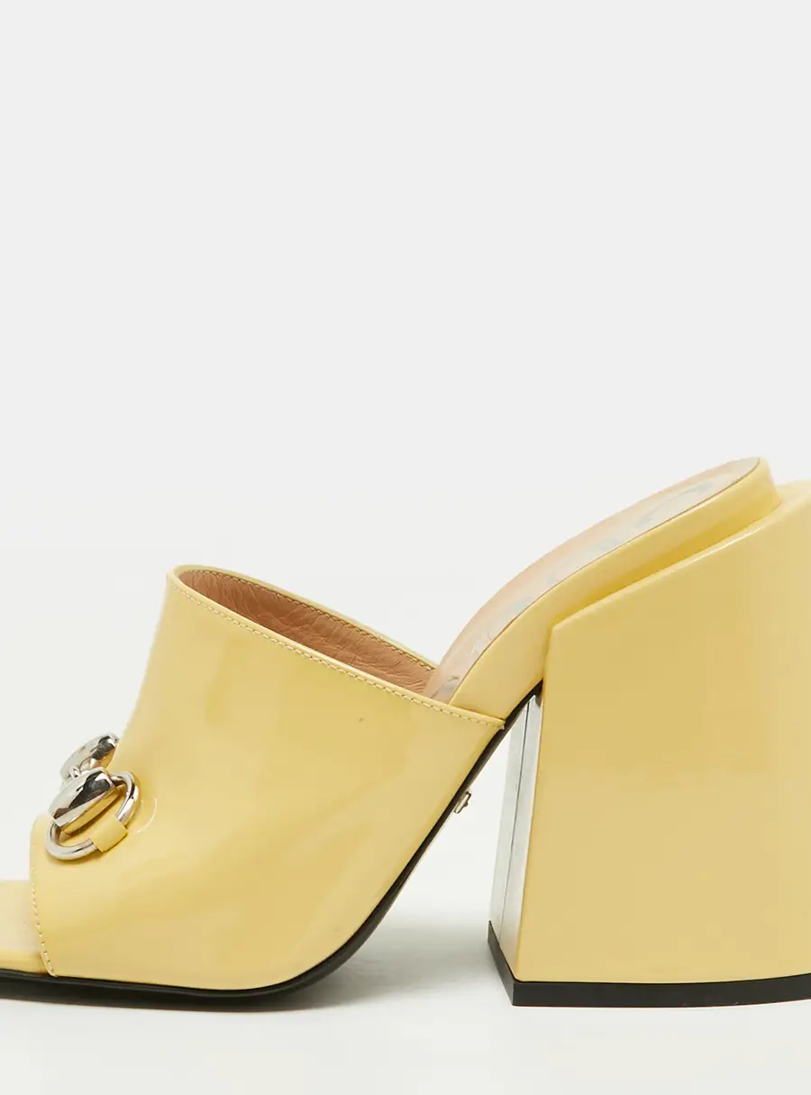 Gucci Lexi Size 36 Yellow Patent Leather Horsebit Chunky Block Heel Slide Sandals