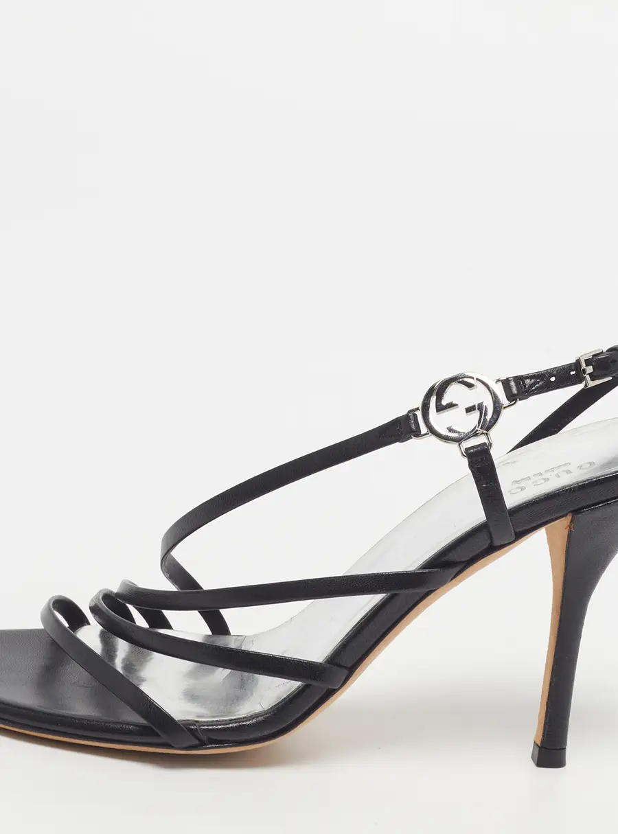 Gucci Size 38 Black Leather Interlocking G Strappy Slingback Sandals