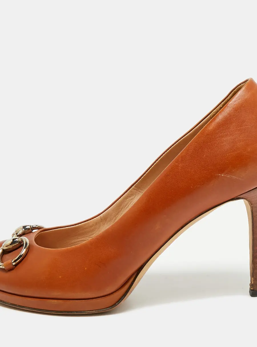 Gucci Horsebit Size 39 Brown Leather Peep Toe Pumps