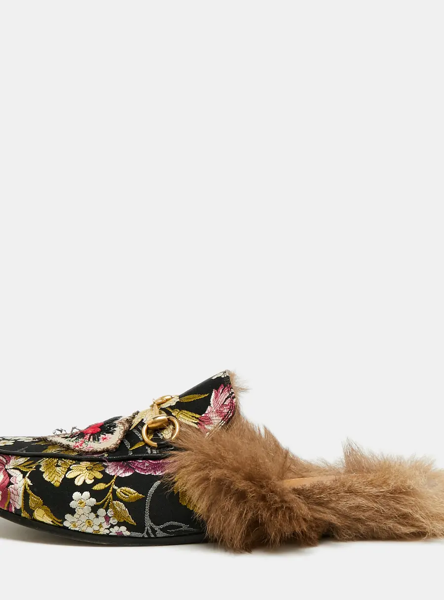 Gucci  Princetown Size 38 Multicolor Floral Brocade Fabric and Fur Lined Flat Mules