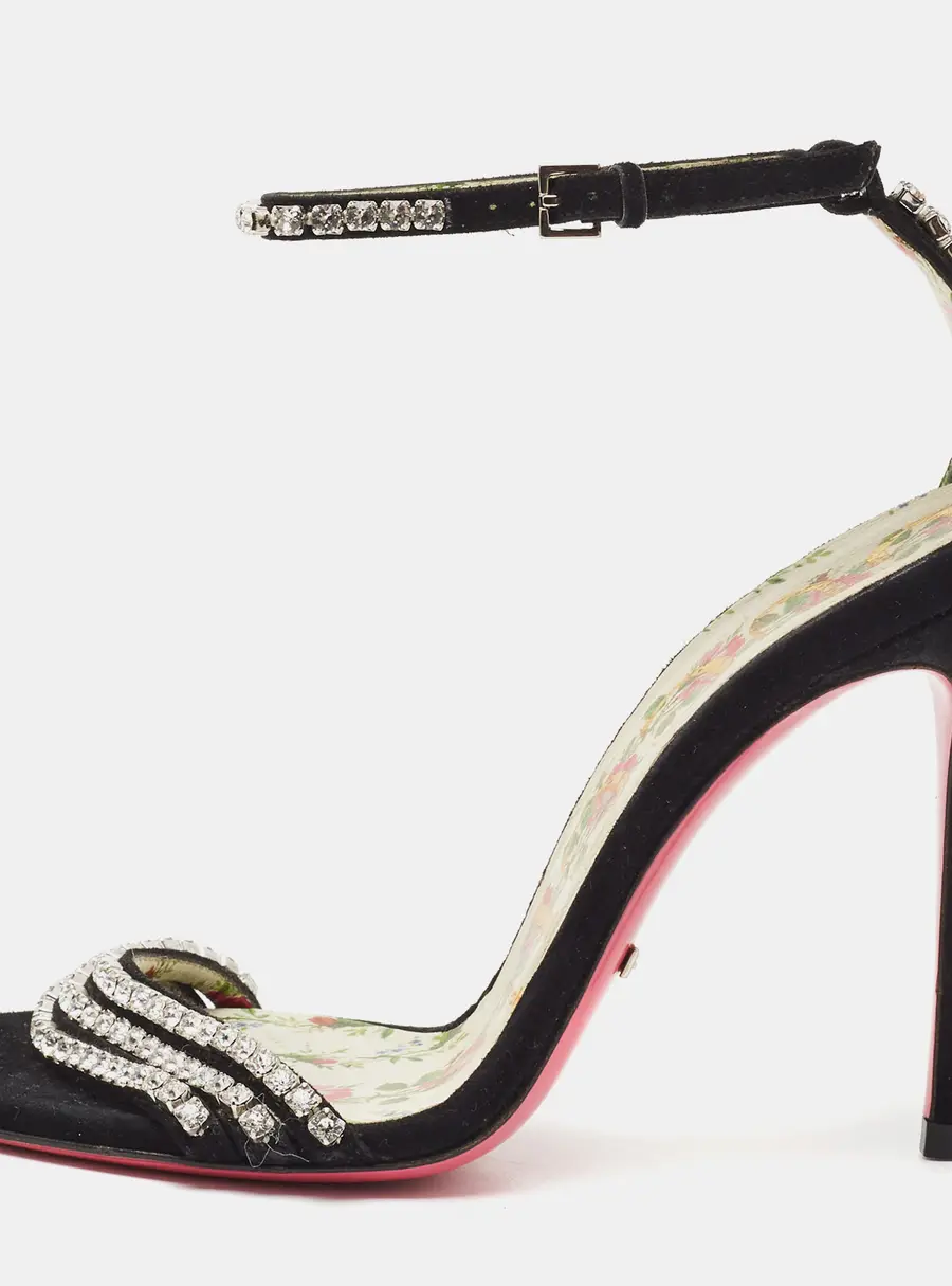 Gucci Size 35.5 Black Suede Crystal Embellished Ankle Strap Sandals