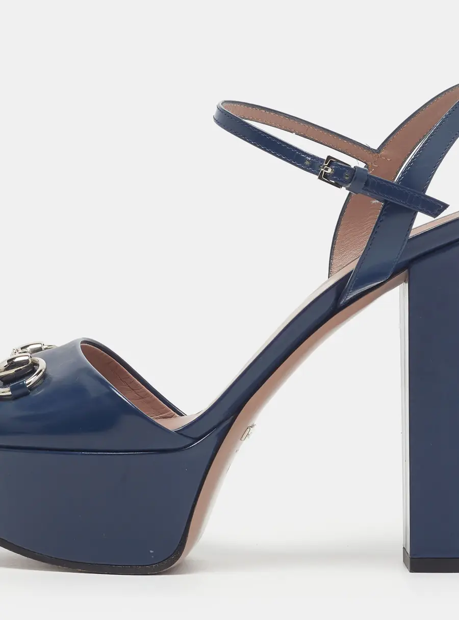 Gucci Claudie Horsebit Size 37 Navy Blue Patent Leather Ankle Strap Sandals