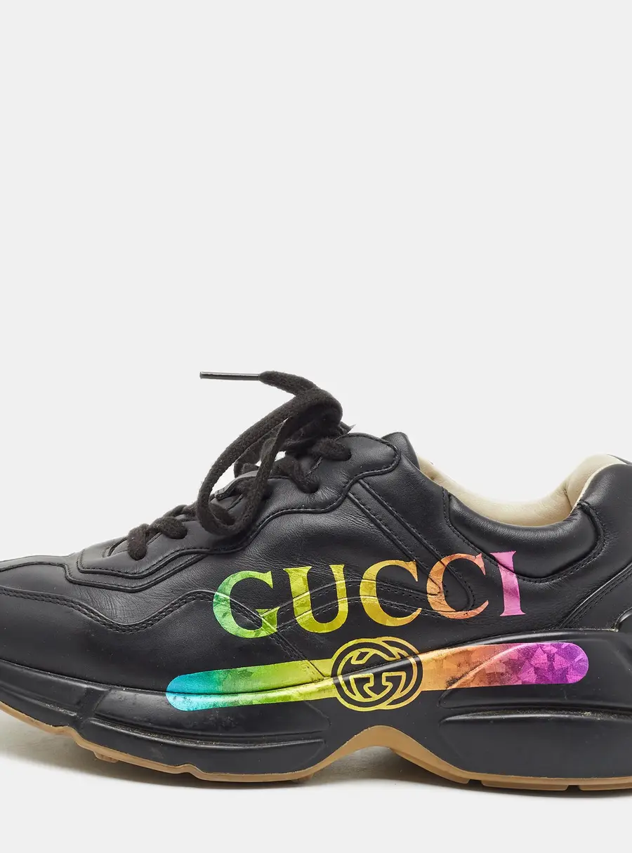 Gucci Rhyton Size 38 Black Leather Rainbow Logo Low Top Sneakers