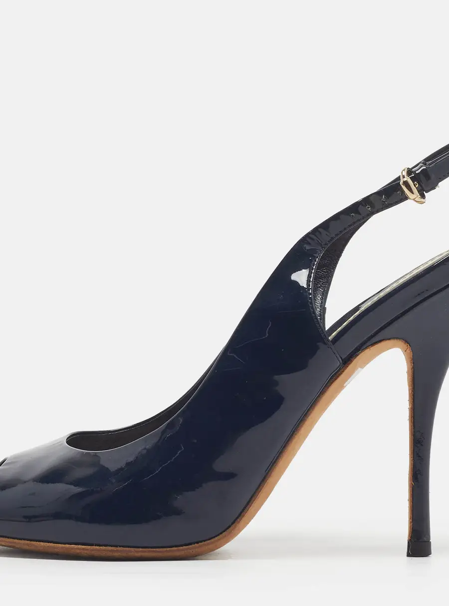 Gucci Size 37 Navy Blue Patent Leather Peep Toe Slingback Pumps