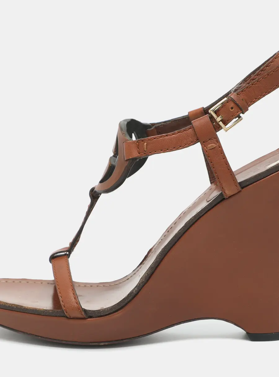 Gucci Interlocking G Size 39 Brown Leather T-Strap Wedge Sandals