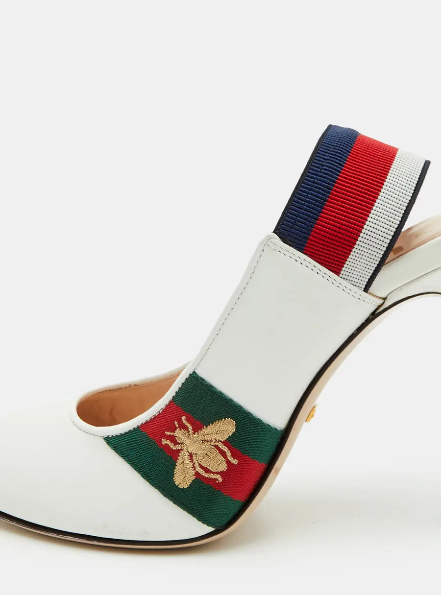 Gucci Sylvie Web Size 37 White Leather Pointed Toe Slingback Pumps