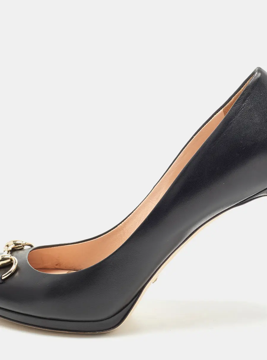 Gucci Horsebit Size 41 Black Leather Peep Toe Pumps