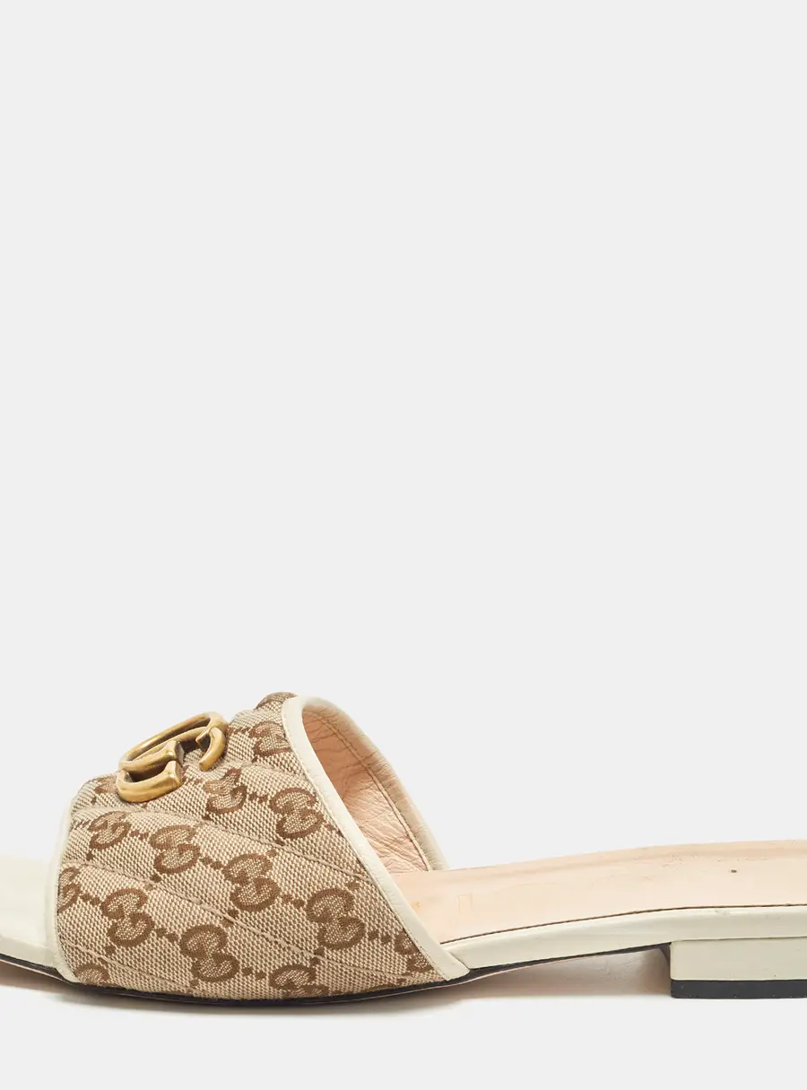 Gucci GG Marmont Size 40 Beige Canvas Flat Slide