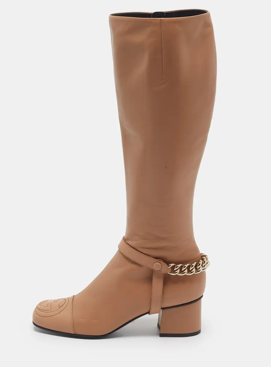 Gucci Size 37 Beige Leather Knee Length Block Heal Boots