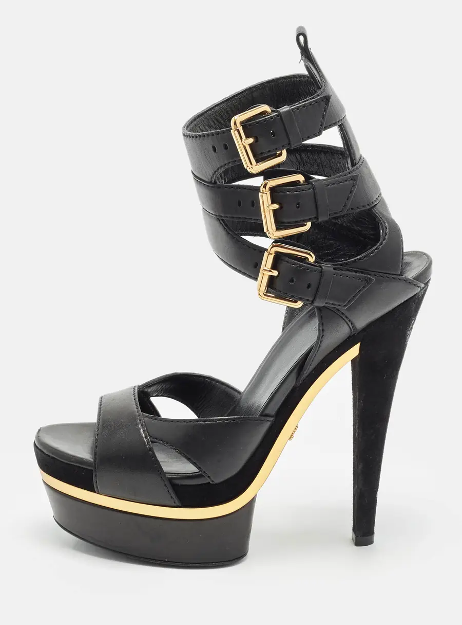 Gucci Size 36.5 Black Leather Ankle Strap Sandals
