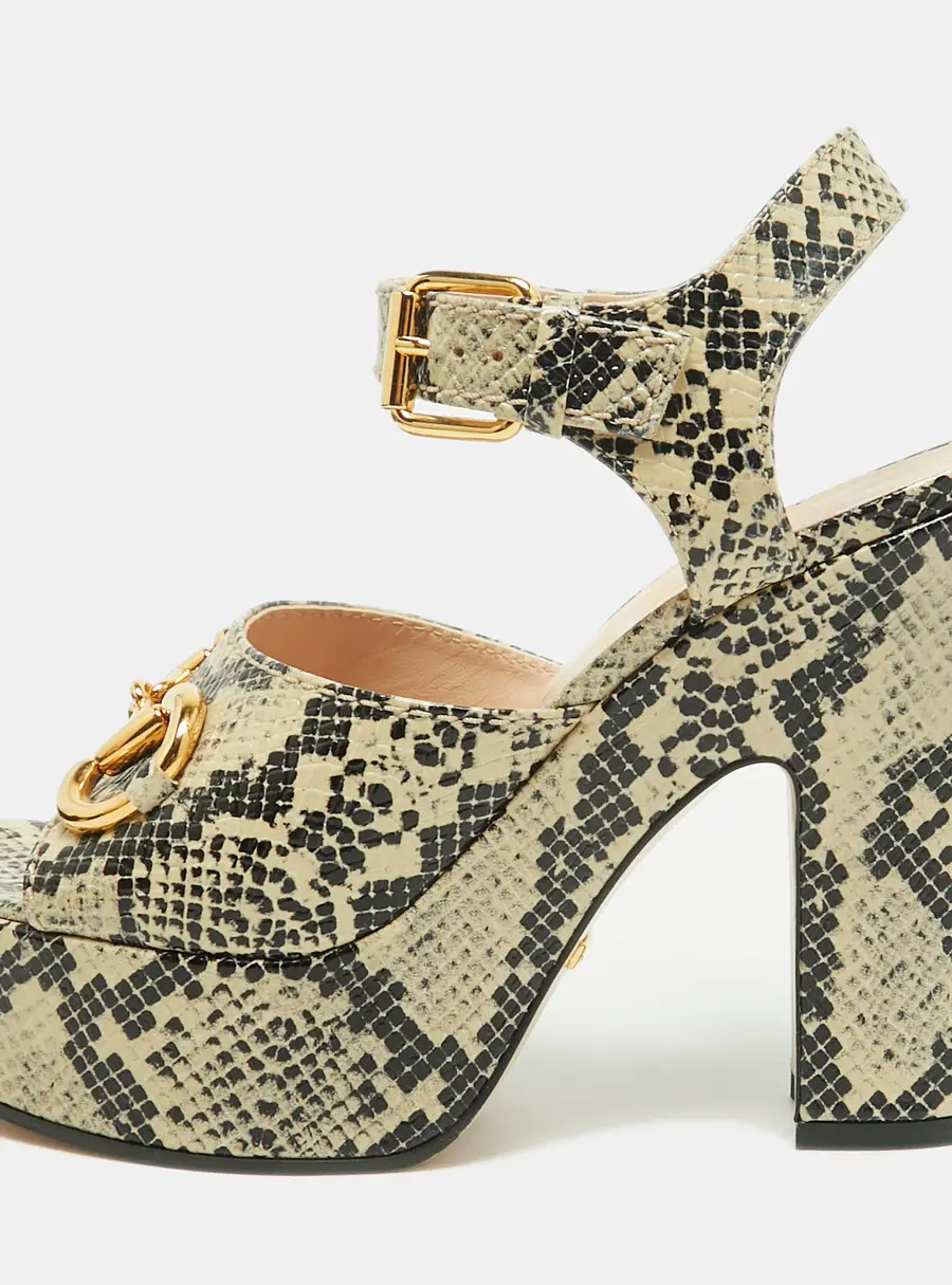 Gucci Horsebit Size 37.5 Beige/Black Python Embossed Leather Platform Ankle Strap Sandals