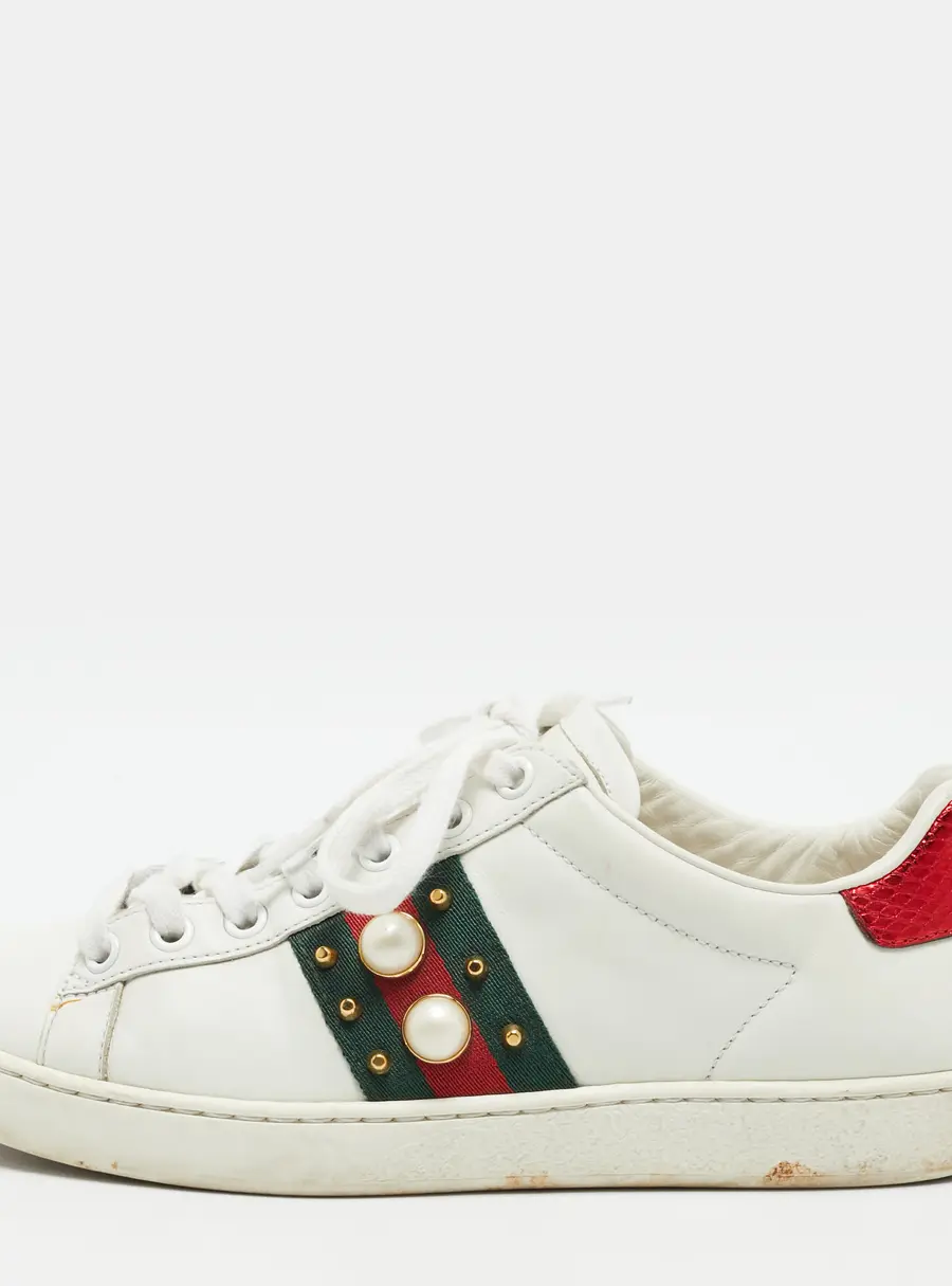 Gucci Ace Size 37.5 White Leather Web Lace Up Sneakers