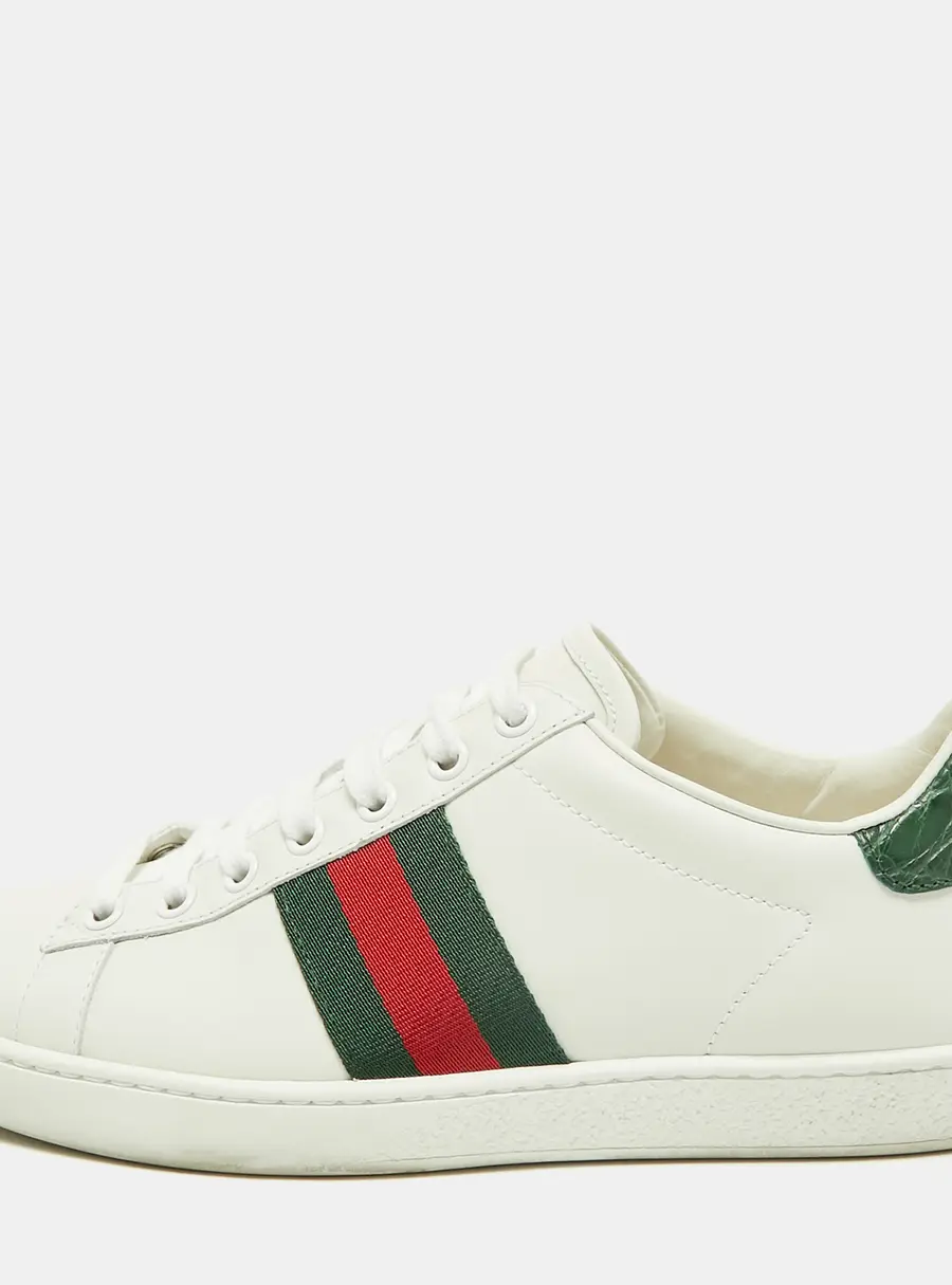 Gucci Ace Size 37.5 White Croc Embossed Leather and Leather Lace Up Sneakers