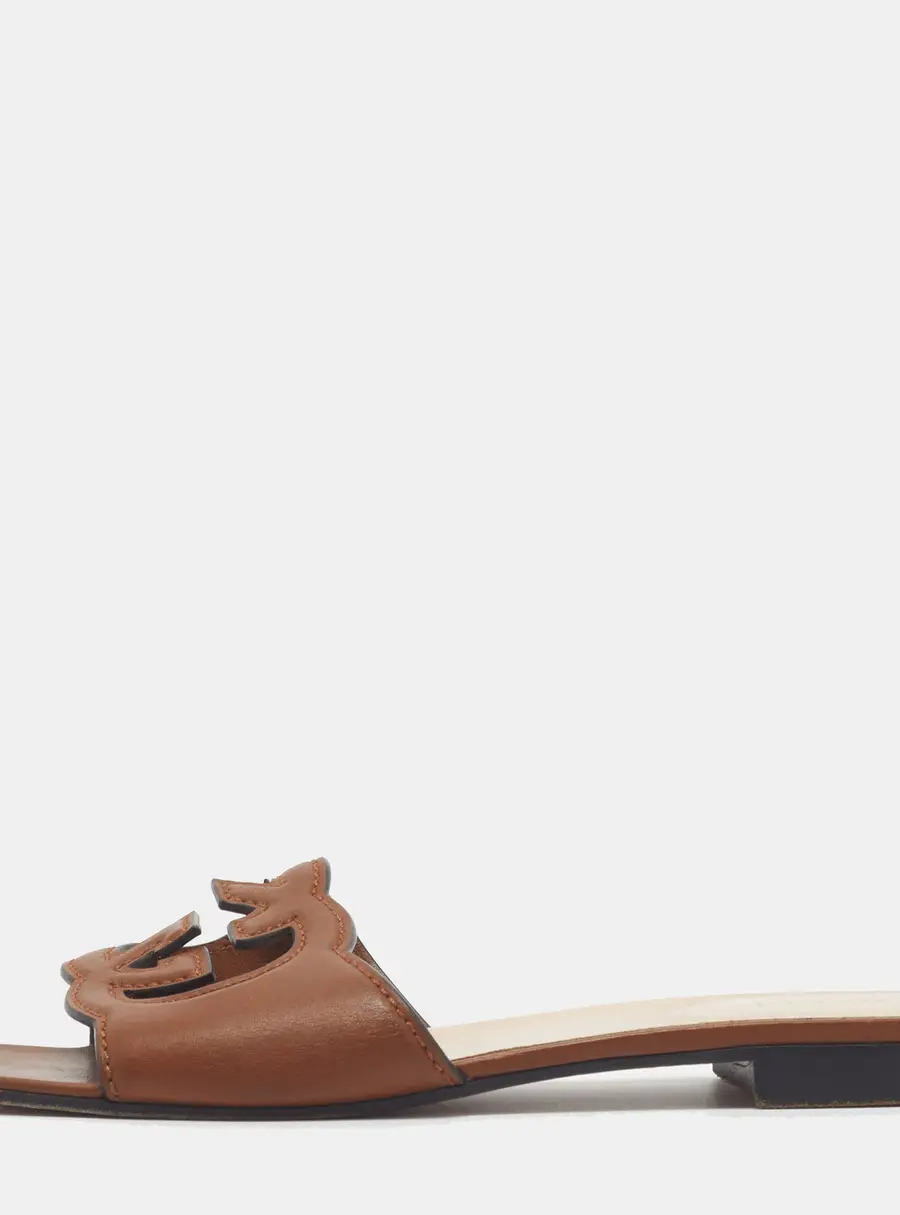 Gucci Interlocking G Size 39.5 Brown Leather Flat Slides
