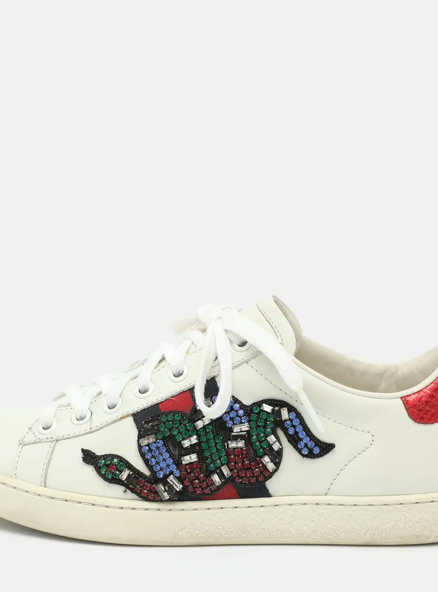Gucci Ace Size 36 White Leather and Snakeskin Embossed Leather Low Top Sneakers