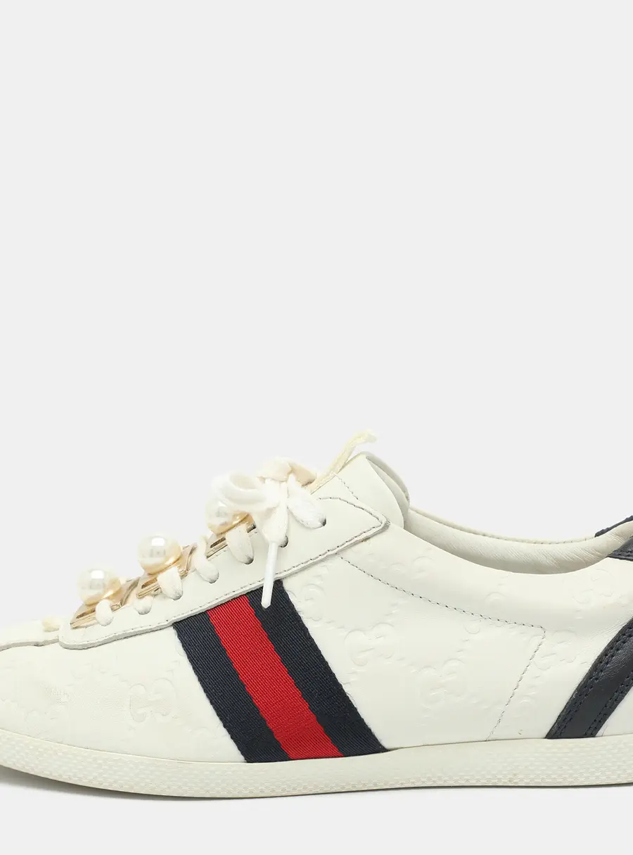Gucci Size 36.5 White Guccissima Leather Web Detail Low Top Sneakers