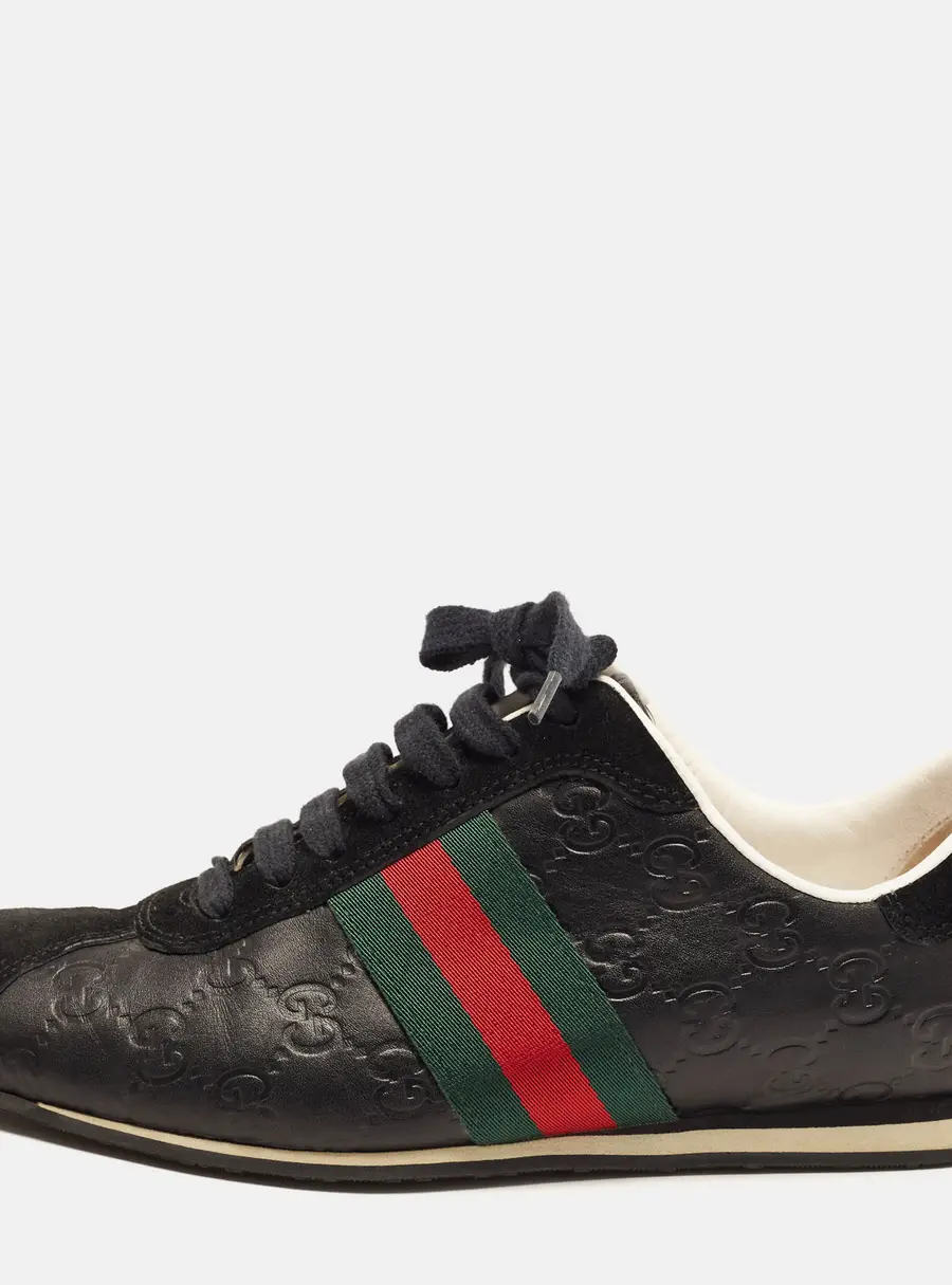Gucci GG Size 38 Black Leather and Suede Ace Web Lace Up Sneakers