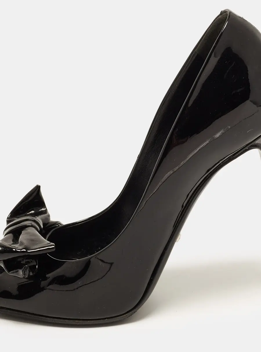Gucci Black Patent Leather Bow Open Toe Pumps Size 38.5