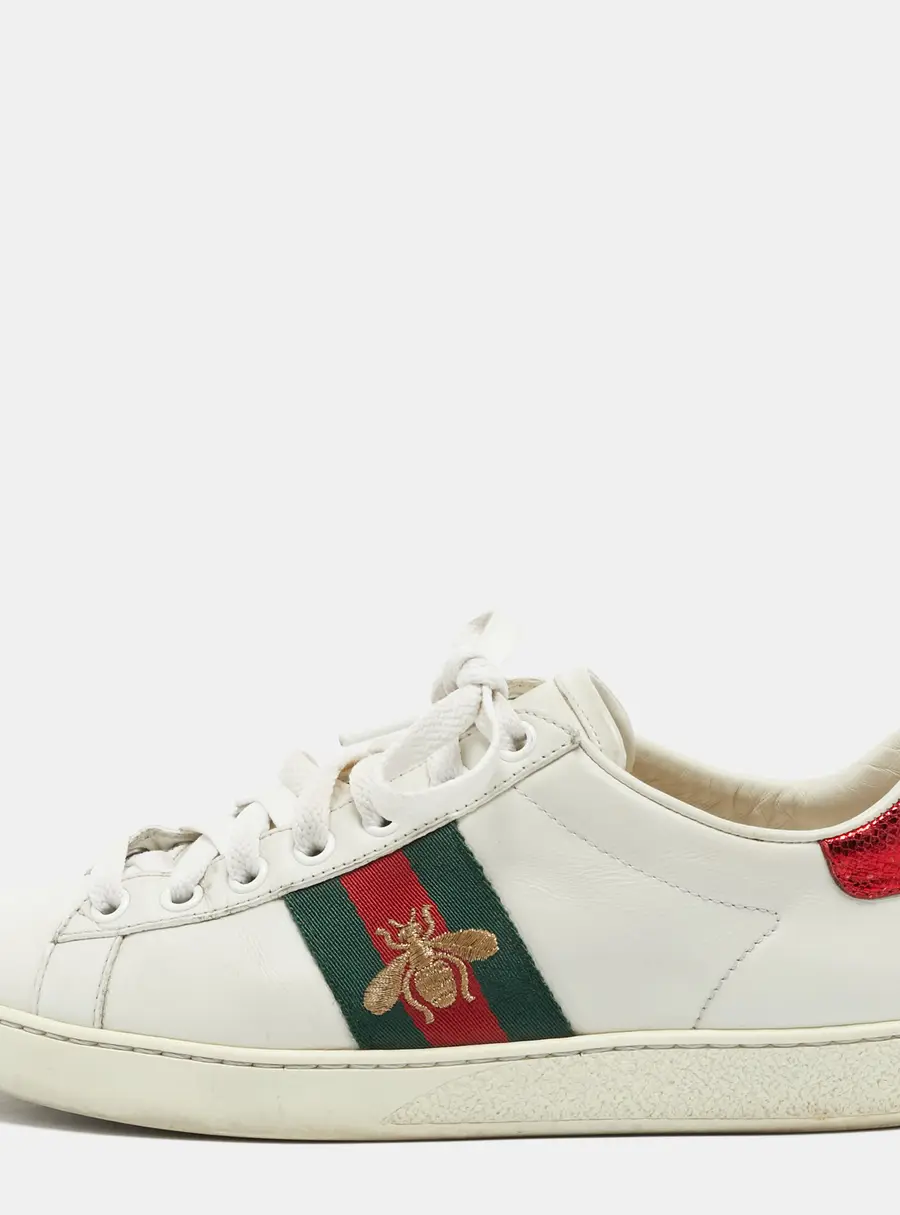 Gucci Ace Size 36 White Leather and Python Embossed Web Bee Low Top Sneakers