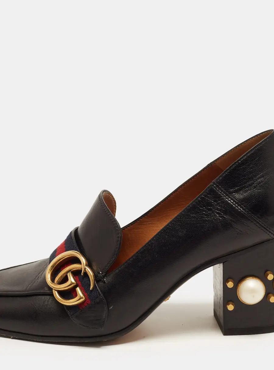 Gucci GG Peyton Size 38 Black Leather Pearl Stud Embellished Block Heel Pumps