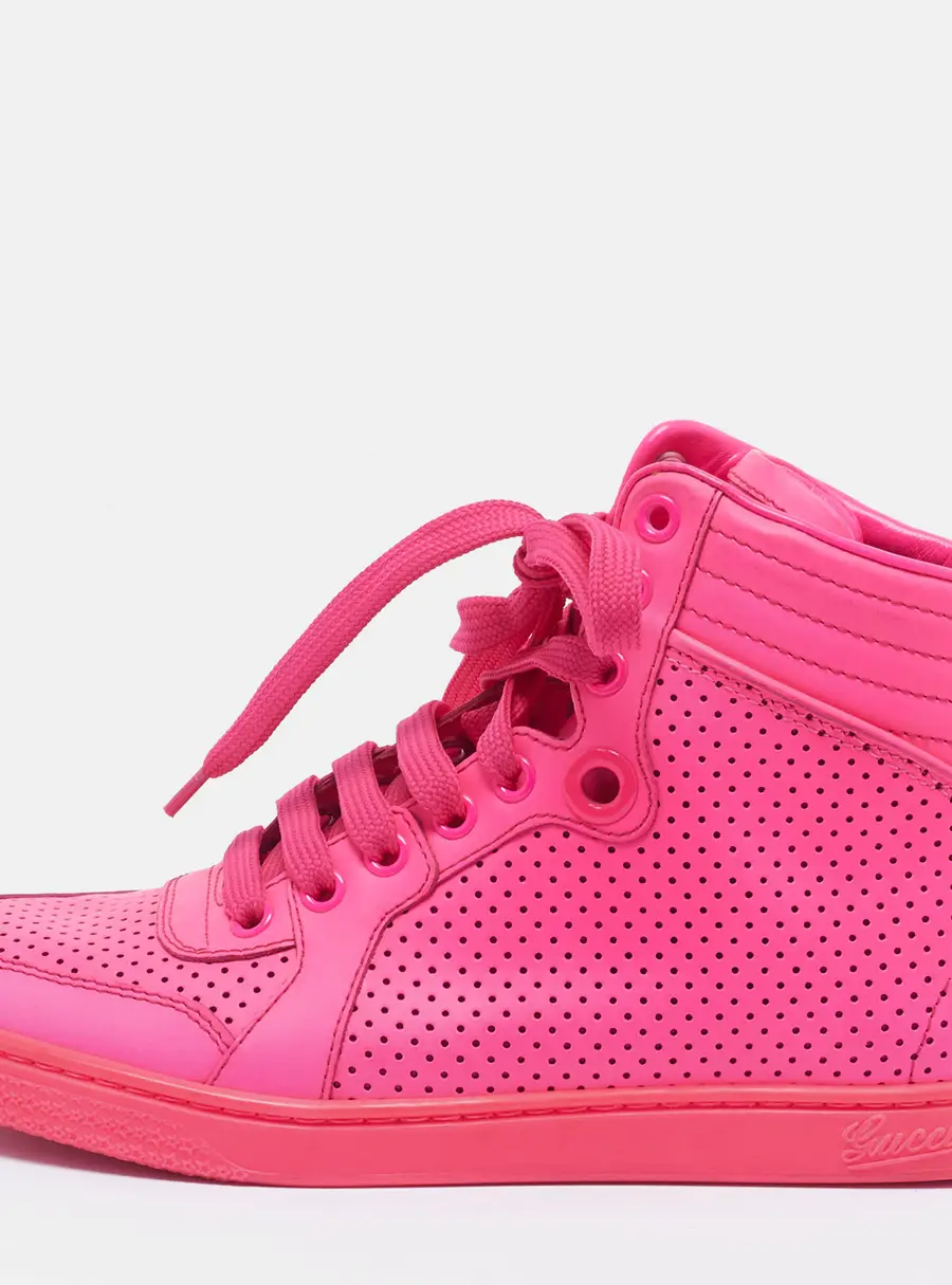 Gucci Interlocking G Size 35 Neon Pink Leather High Top Sneakers