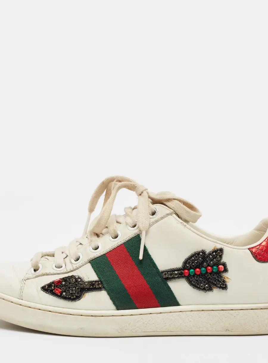 Gucci Ace Size 35 White Leather and Python Embossed Web Arrow Crystal Embellished Low Top Sneakers