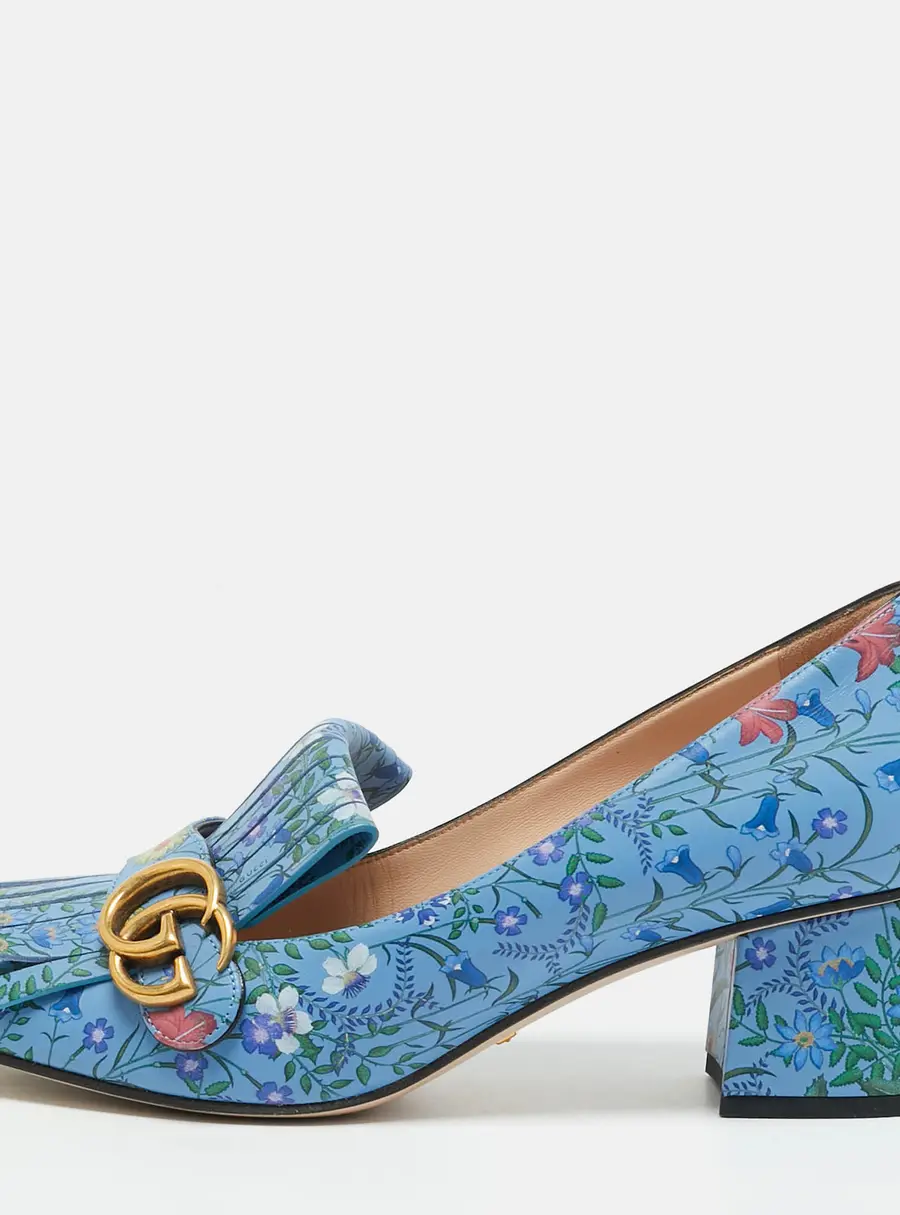 Gucci GG Marmont Fringe Size 40 Multicolor Floral Print Leather Block Heel Pumps