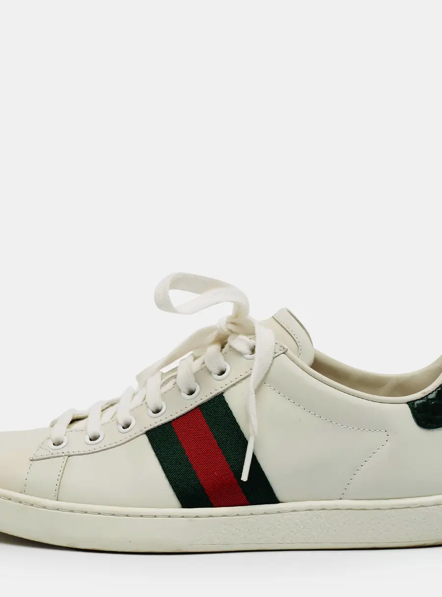 Gucci Ace Size 37.5 White Croc Embossed Leather and Leather Low Top Sneakers