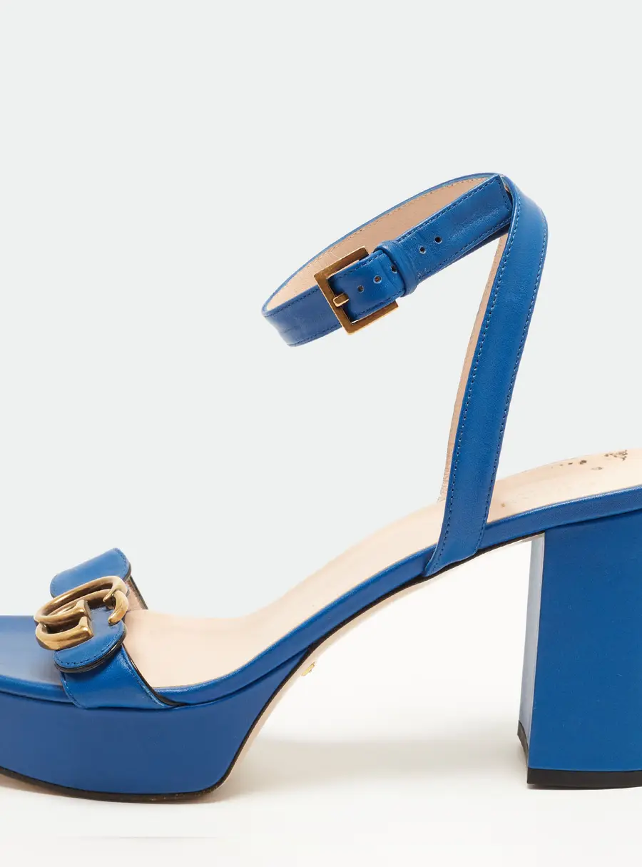 Gucci GG Marmont Size 41 Blue Leather Ankle Strap Platform Sandals