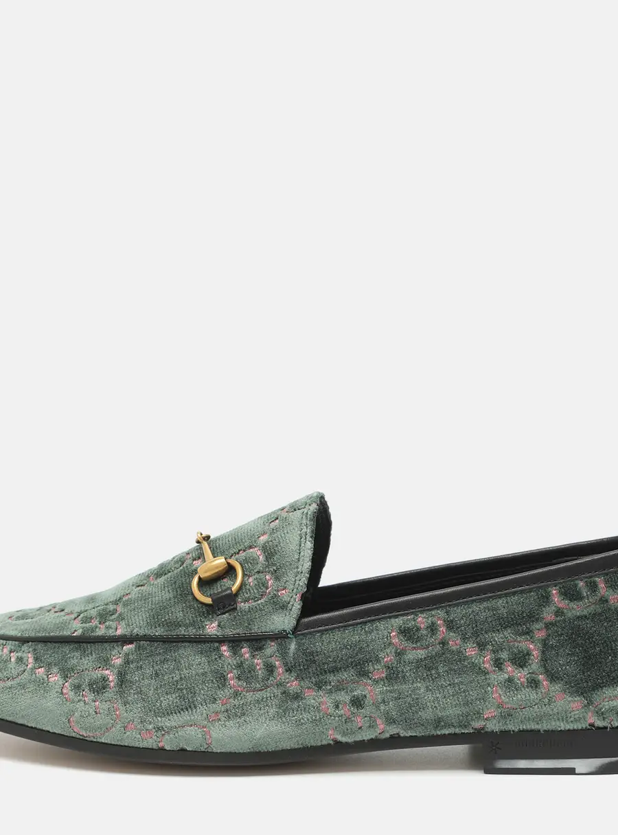 Gucci Jordaan Size 41 Green Leather and GG Velvet Loafers