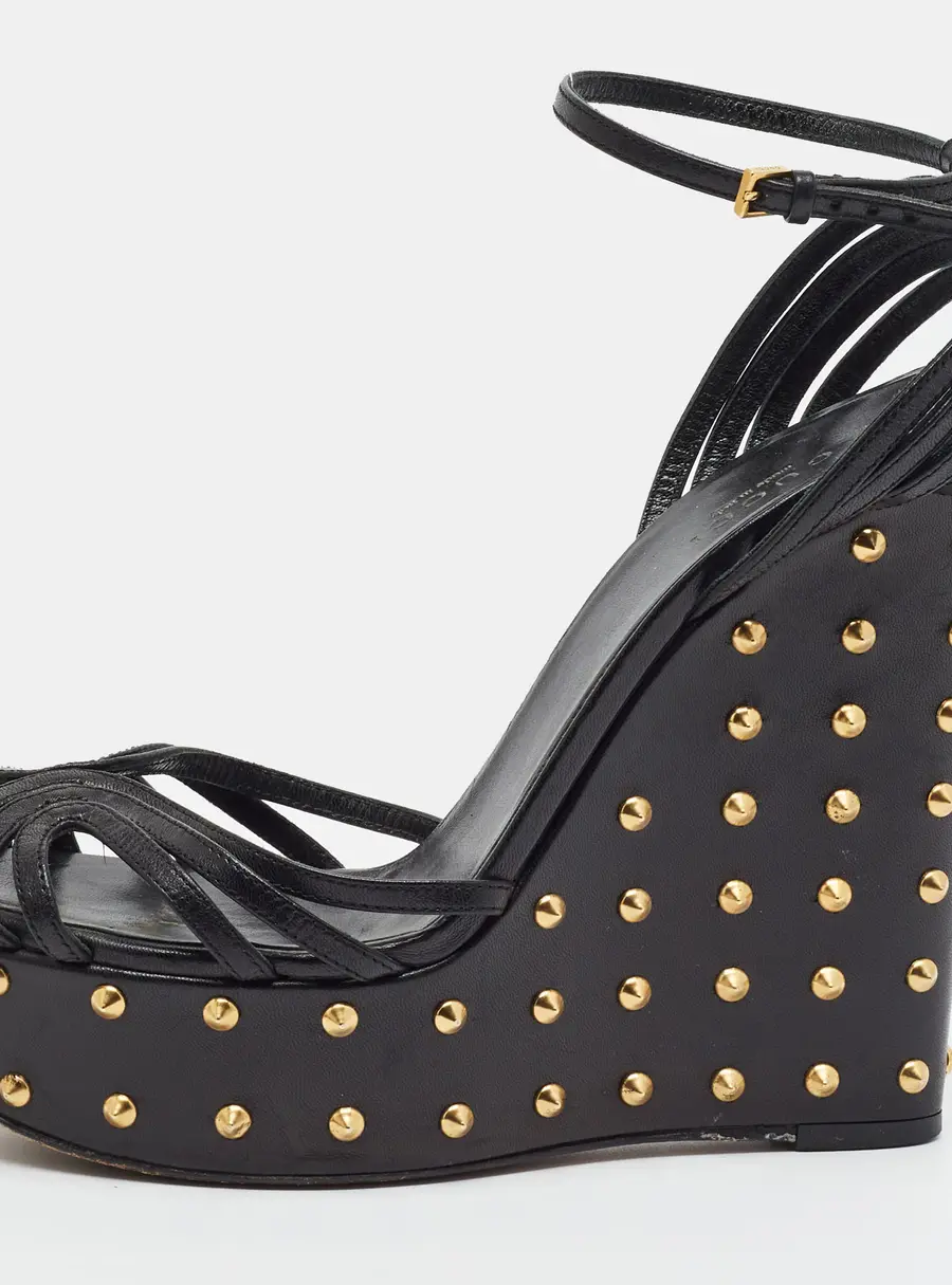 Gucci Size 38 Black Leather Spike Wedge Sandals