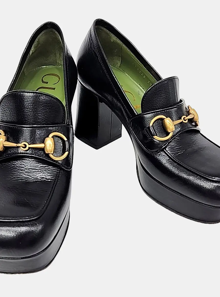 Gucci Black Leather Houdan Horsebit Platform Loafer Pumps