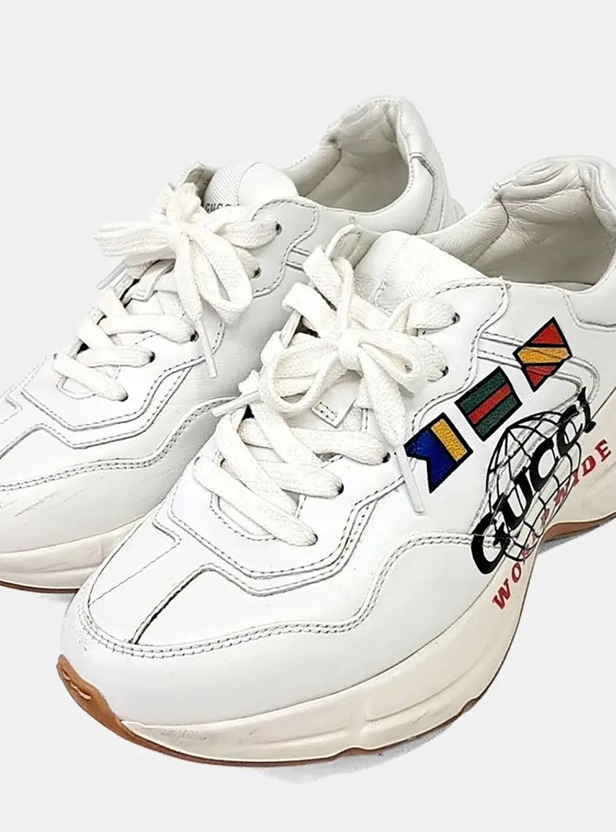 Gucci White Leather Rhyton Worldwide Print Low Top Sneakers