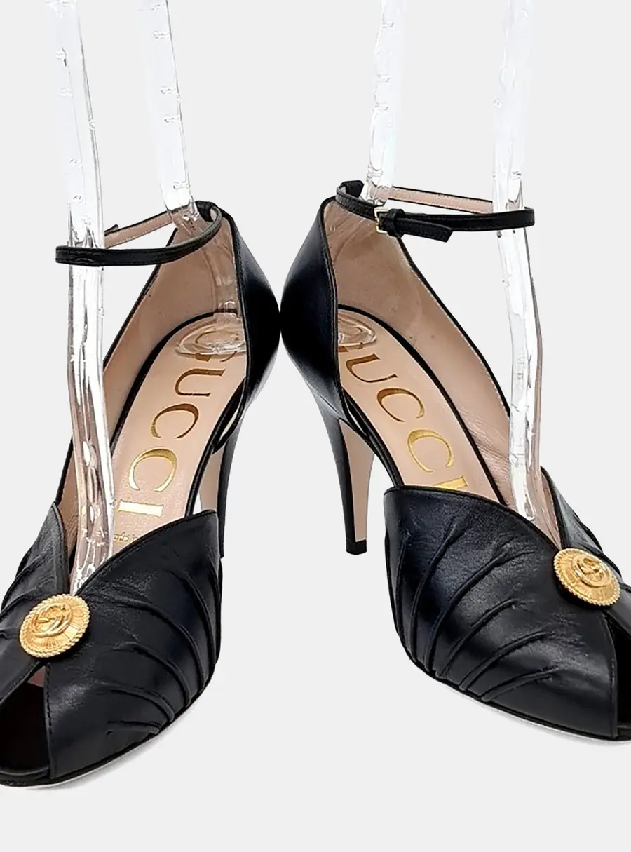 Gucci Black Leather Open Toe Shoes GHW EU 38