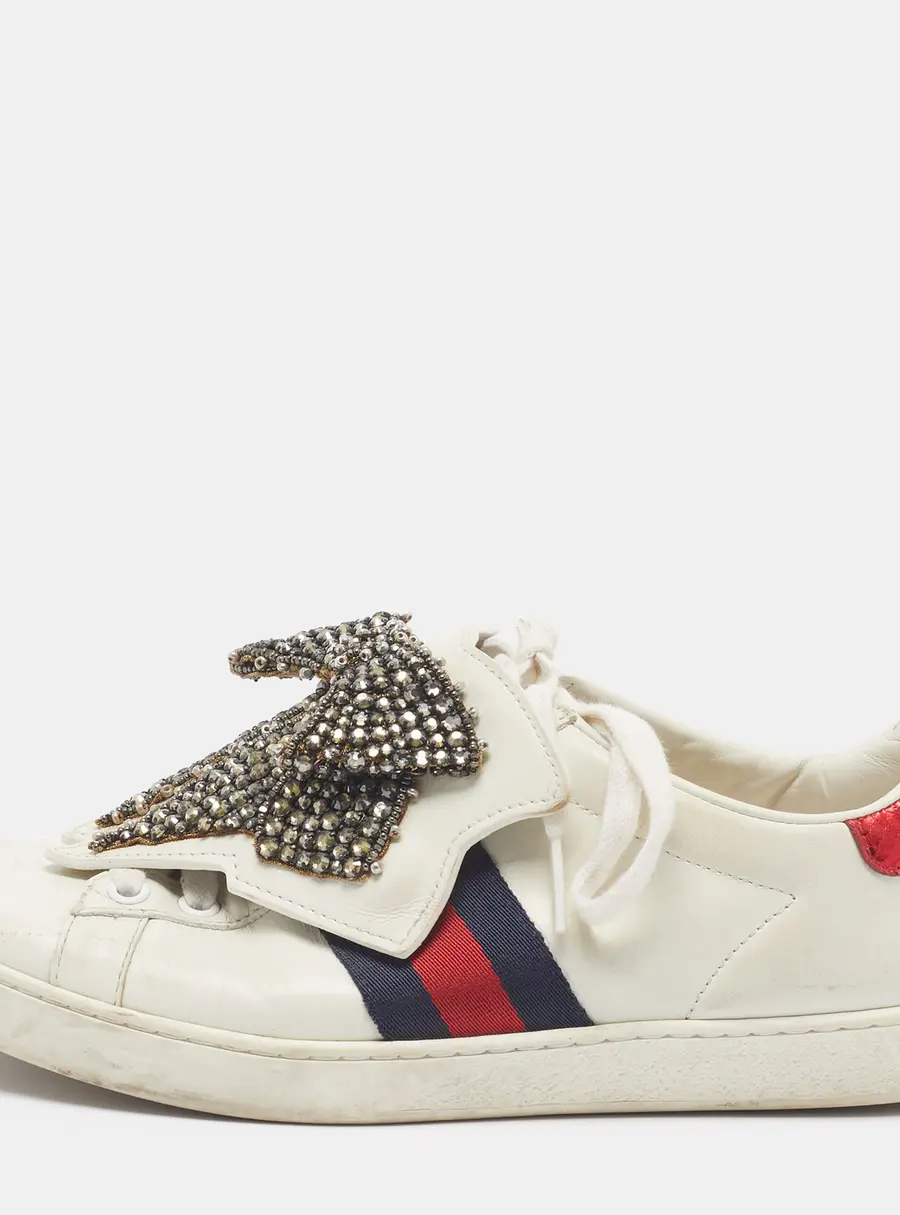 Gucci Ace Size 36.5 White Leather and Python Embossed Crystal Bow Web Low Top Sneakers