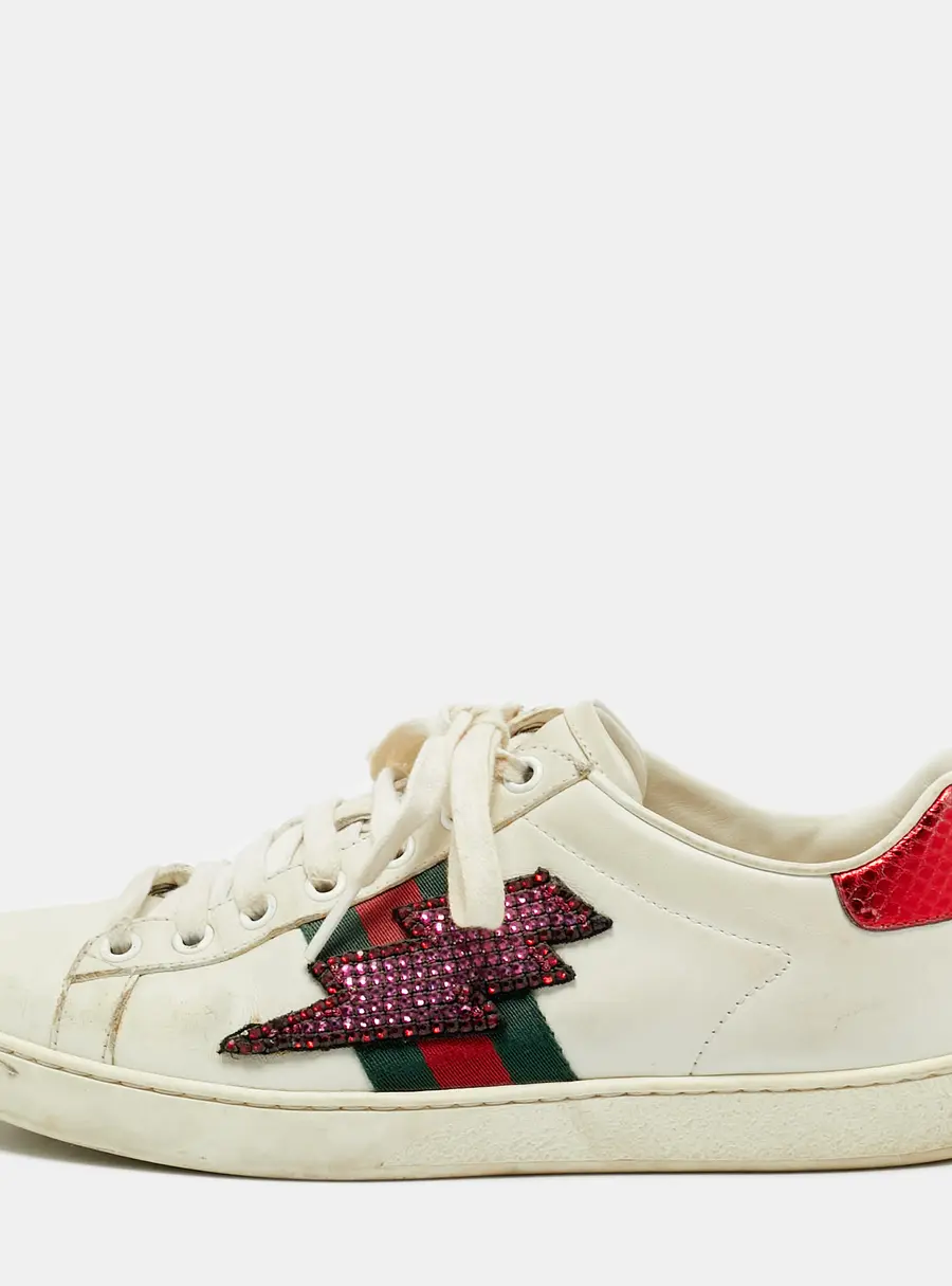 Gucci Ace Size 36.5 White Leather and Snakeskin Embossed Leather Lace Up Sneakers