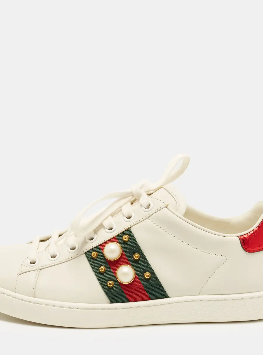 Gucci Ace Pearl Embellished Size 36.5 White Leather Low Top Sneakers
