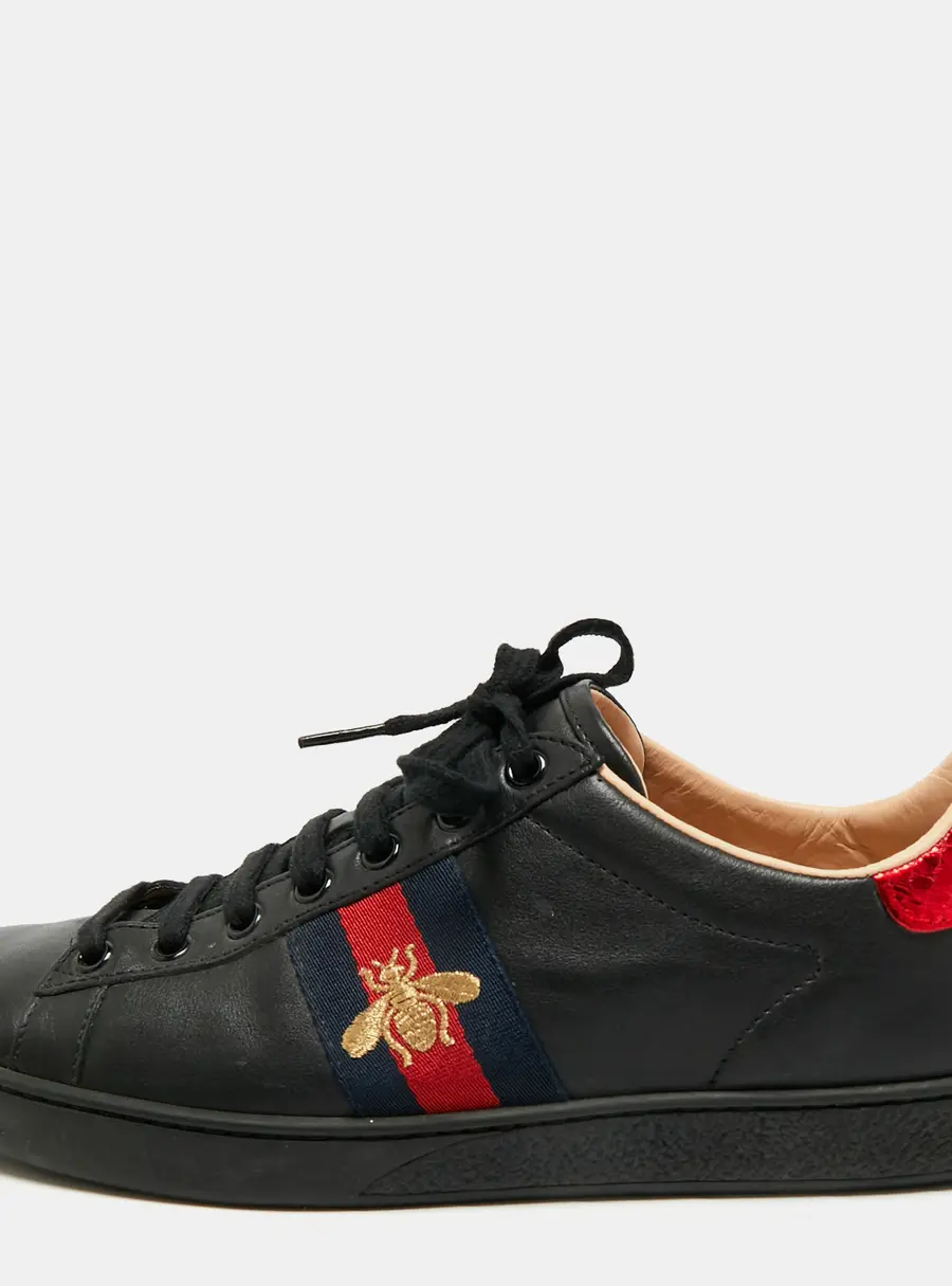 Gucci Ace Size 38.5 Black Leather and Python Embossed Leather Low Top Sneakers