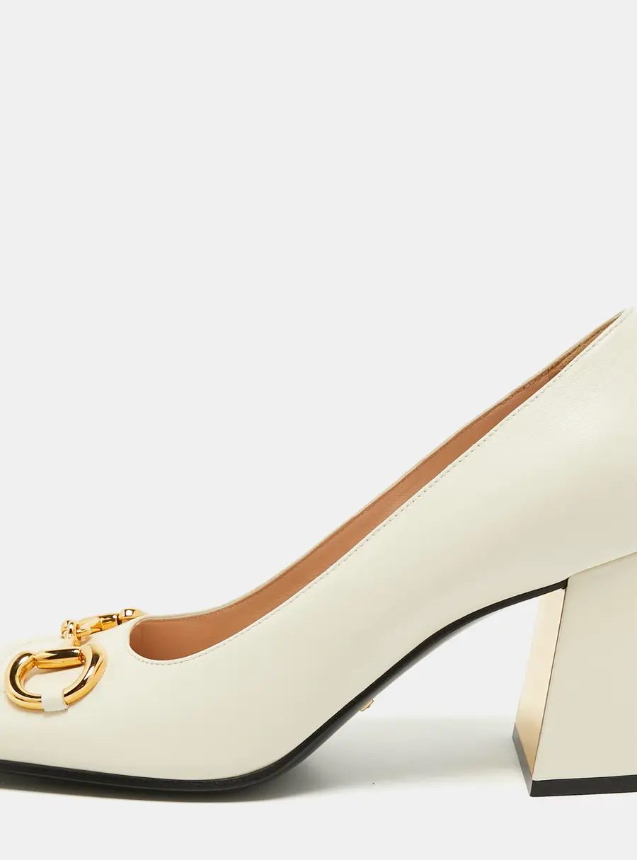 Gucci Horsebit Size 40 White Leather Block Heel Slingback Pumps