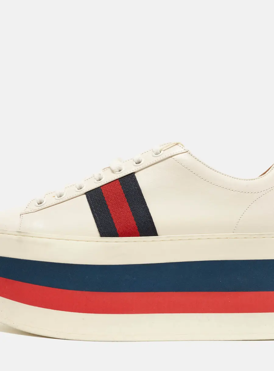 Gucci Web Size 38 White Leather Peggy Platform Lace Up Sneakers