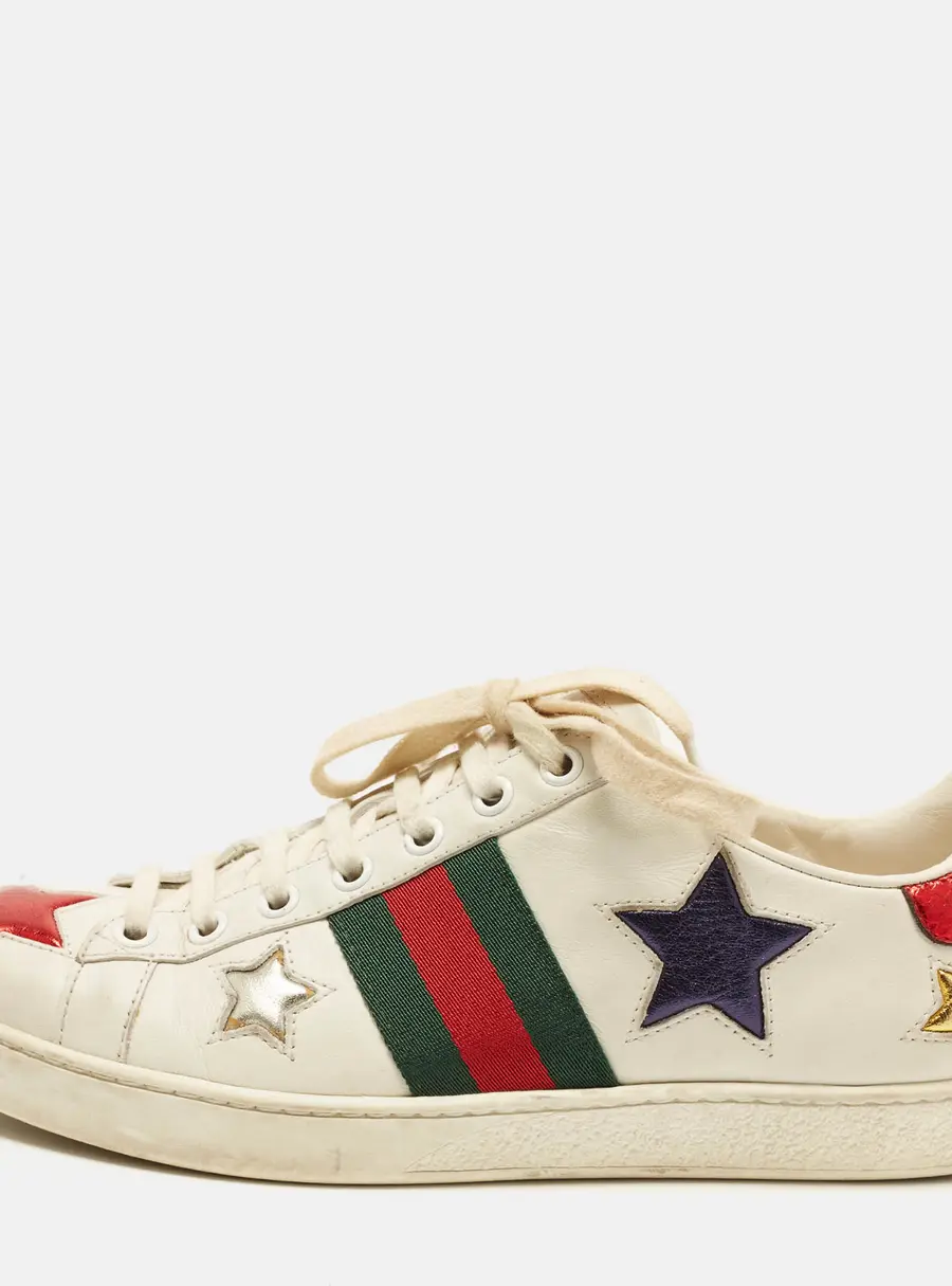 Gucci Ace Size 37.5 White Leather and Python Embossed Web Star Low Top Sneakers