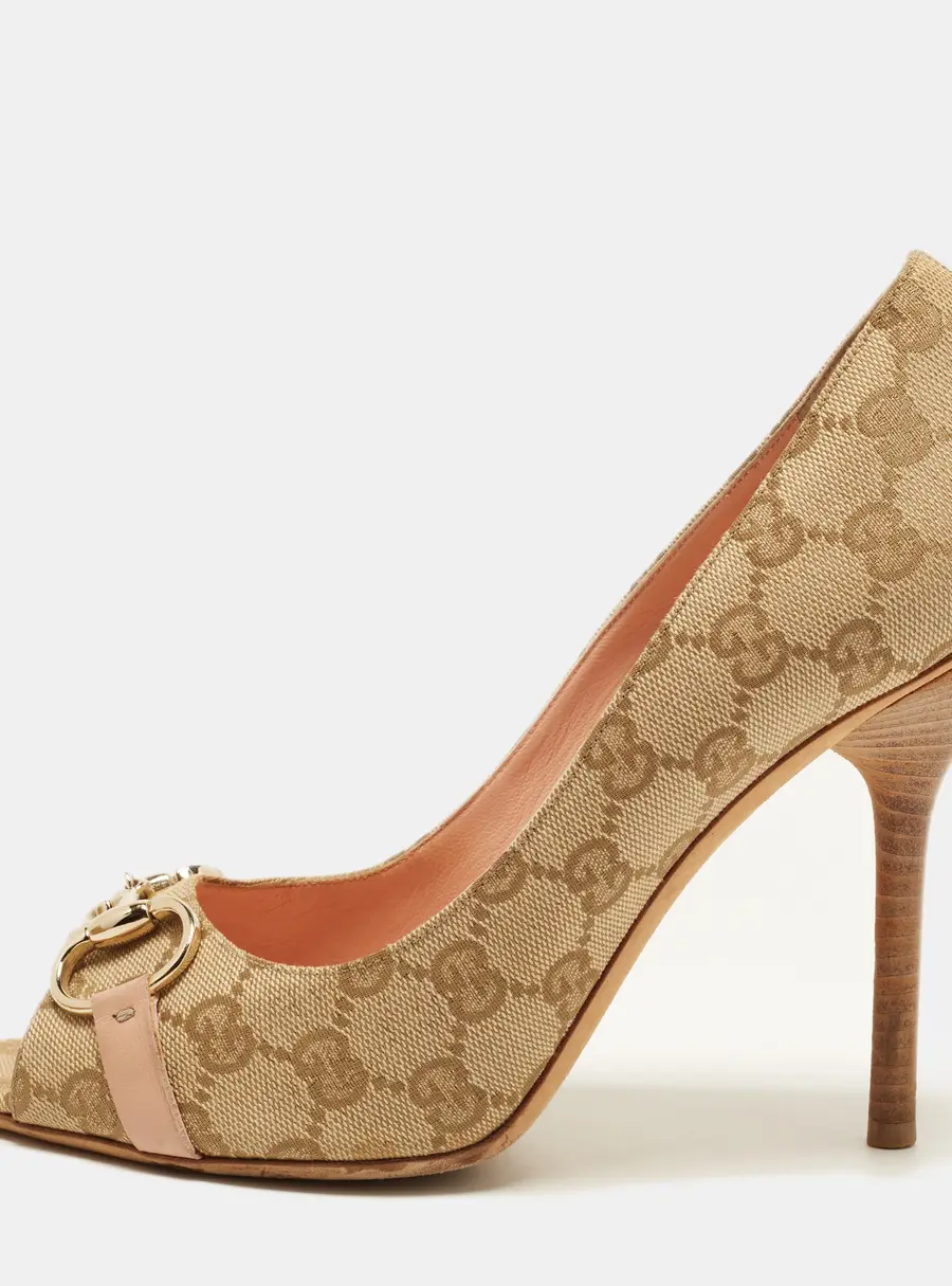 Gucci Size 41 Beige/Brown GG Canvas and Leather Peep Toe Pumps