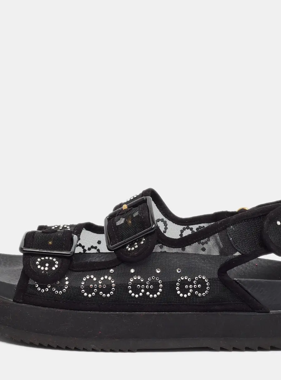Gucci Size 37 Black Mesh and Suede GG Crystal Embellished Platform Sandals