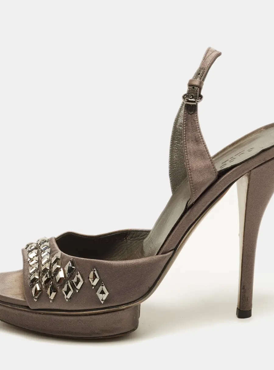 Gucci Size 40 Dark Grey Satin Crystal Embellished Platform Slingback Sandals