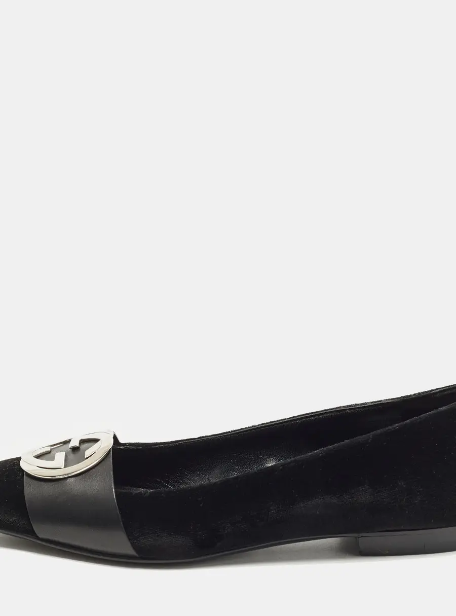 Gucci GG Size 36.5 Black Leather and Velvet Ballet Flats