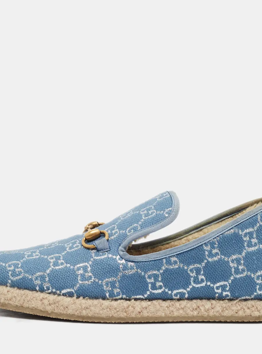 Gucci GG Fria Horsebit Size 40 Blue Canvas Slip On Loafers