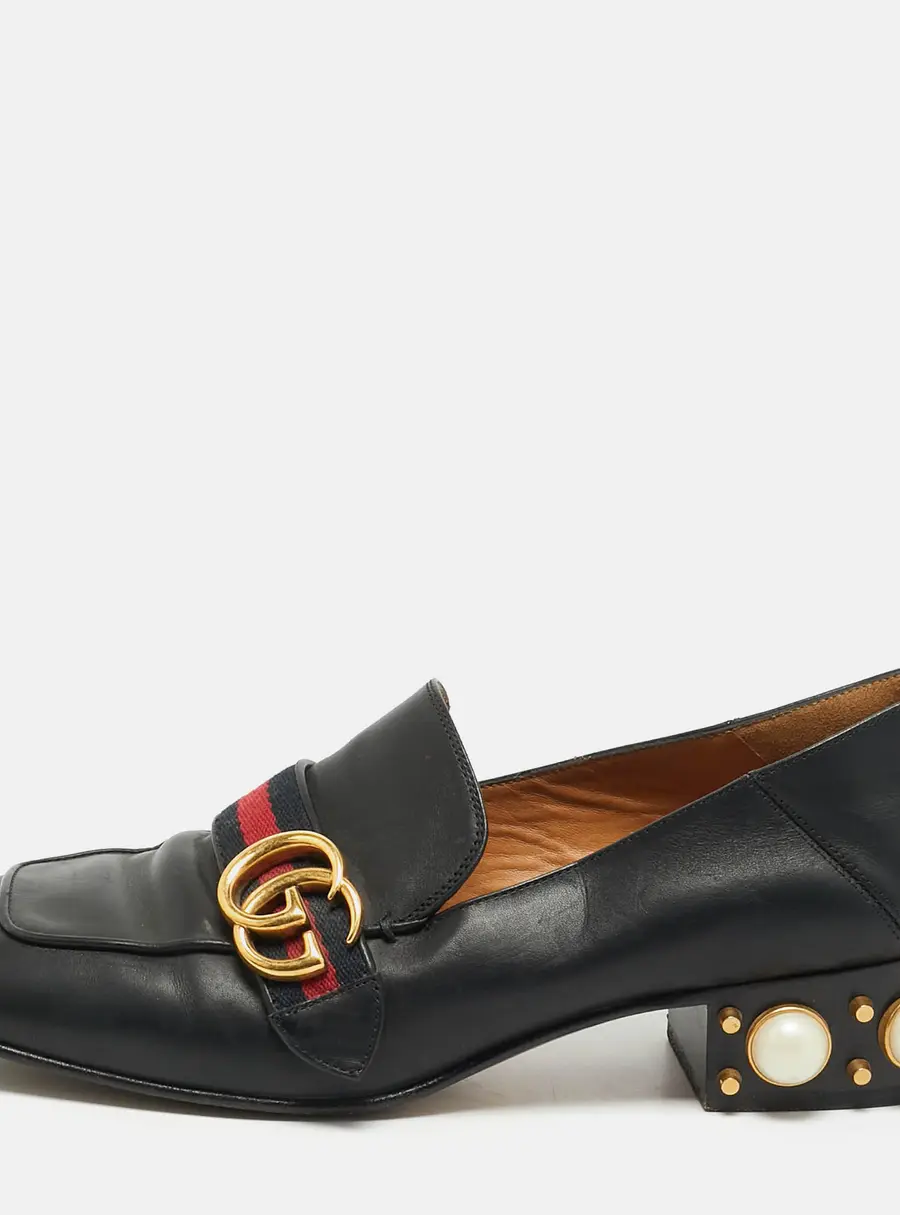 Gucci Peyton Size 39 Black Leather Pearl Embellished Loafers