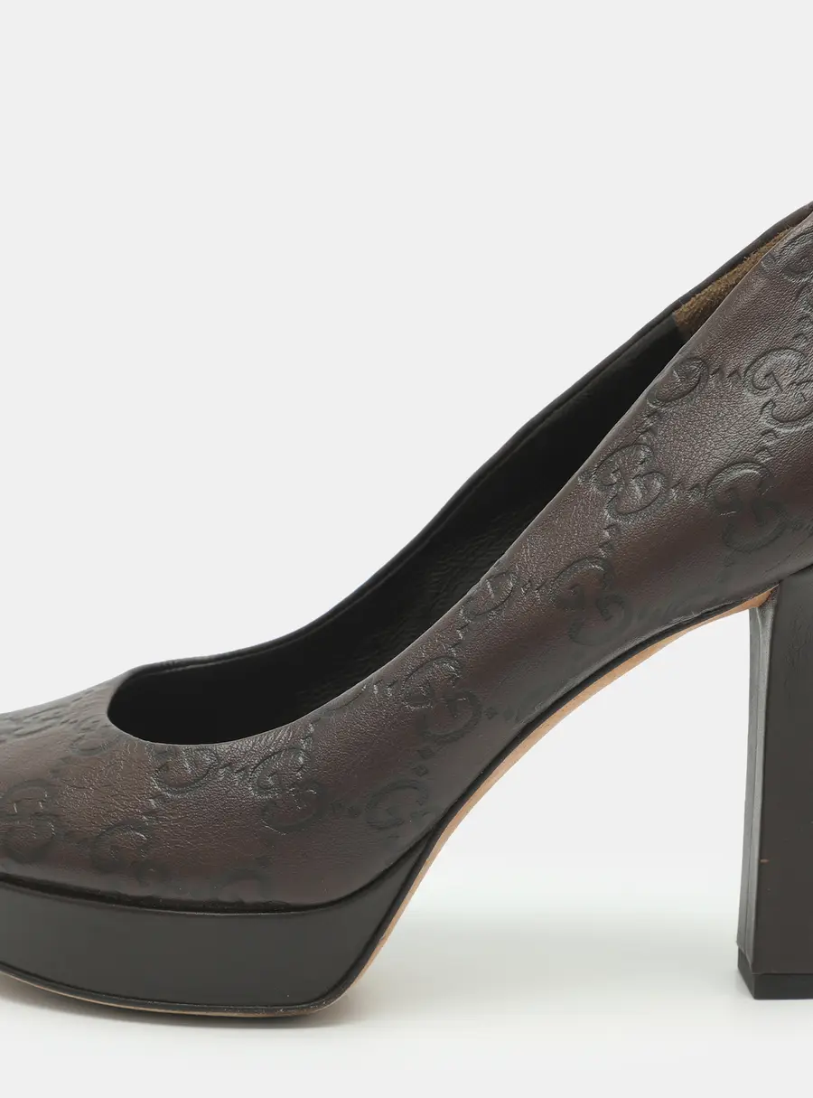 Gucci Size 34.5 Brown Leather Peep Toe Pumps