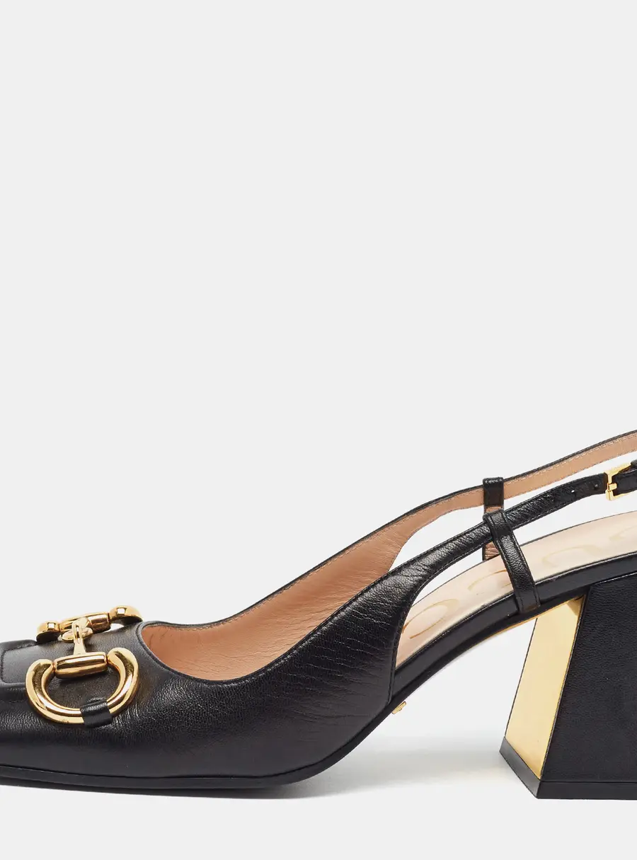 Gucci Horsebit Size 37.5 Black Leather Slingback Block Heel Pumps